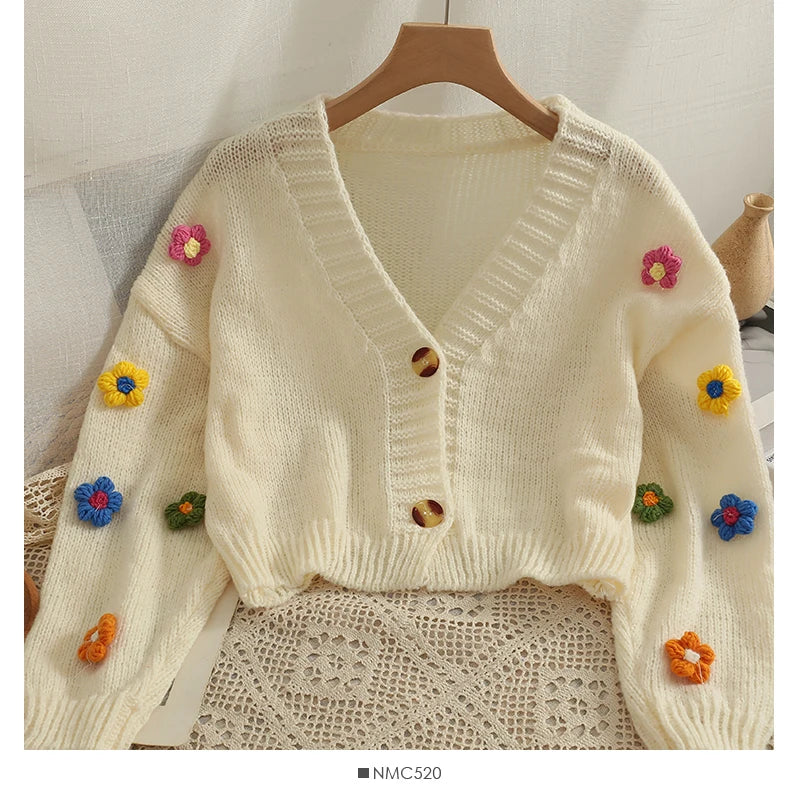 Colourful Applique Flower Cardigan for Women Cute Long Sleeve V-neck Knit Crop Sweater Soft Girl Soft Knitwear Fairycore - reetell