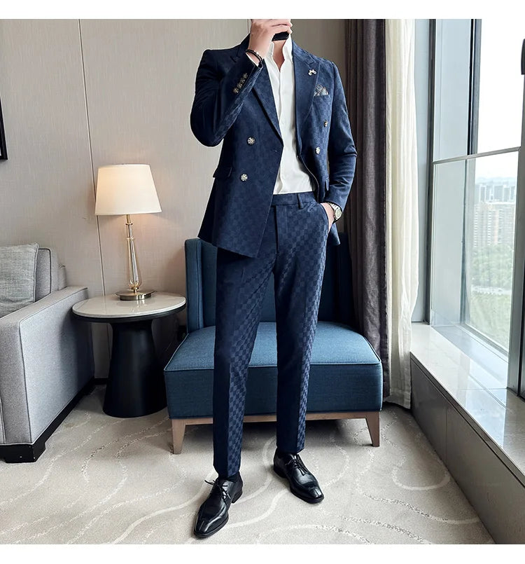 (Jacket+Pants) 2 Pieces Blue Apricot Business Party Men Suits Double Breasted Formal Style Custom Made Wedding Groom Tuxedos - reetell