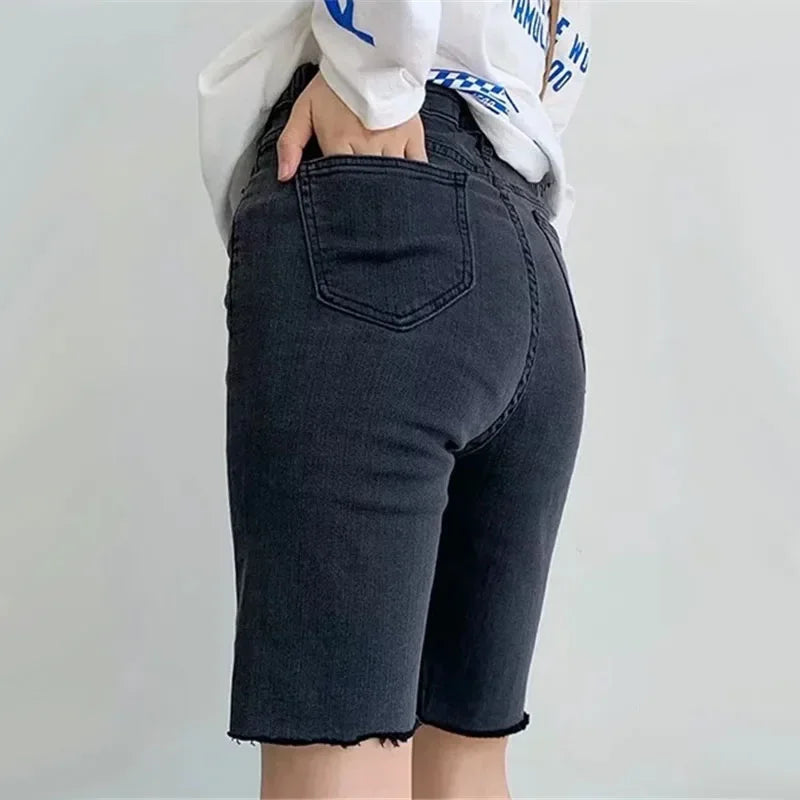 Women High Waist Denim Shorts 2024 Summer Thin Ladies Stretch Skinny Jean Short Pants Solid Color Female Casual Biker Shorts - reetell