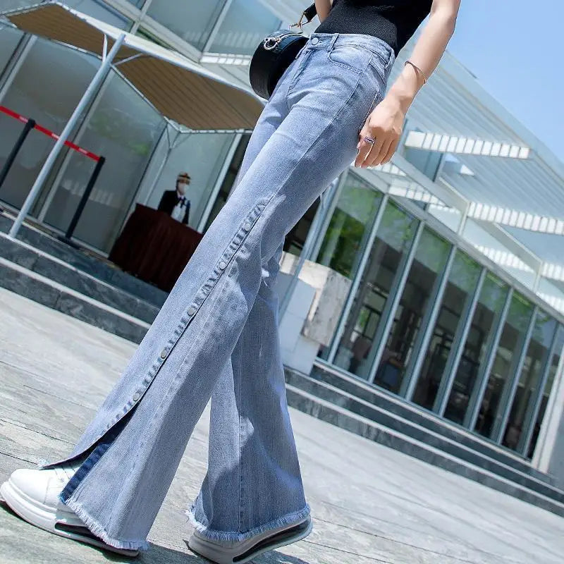 Spring Autumn Fashion High Waist Solid Bell-bottoms Jeans Women's Clothing Pocket Casual Trend Button Wide Leg Trousers Pants - reetell