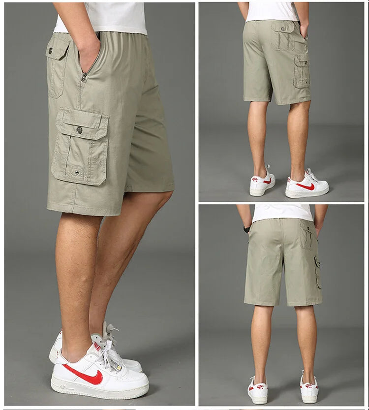 2024 Shorts Men Bermuda Cotton Pocket Zip Cargo Shorts Fashion Style Elastic Army Male Summer Casual Knee Length Vintage Yellow - reetell