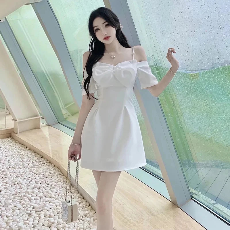 Zoki Bow Sexy Slash Neck Dress Women Summer Korean Elegant White Mini Dress Fashion All Match Party Night Camis Vestidos - reetell