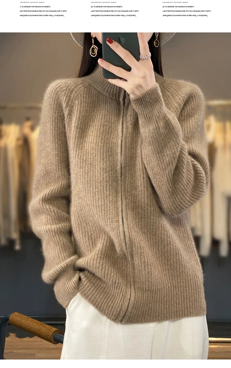 100% Pure Wool Zipper Cardigan Padded Shoulder Stand Collar Women's Cashmere Knitted Coat New Lapel Sweater - reetell