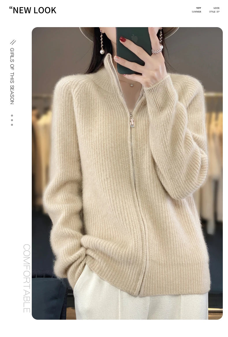 100% Pure Wool Zipper Cardigan Padded Shoulder Stand Collar Women's Cashmere Knitted Coat New Lapel Sweater - reetell