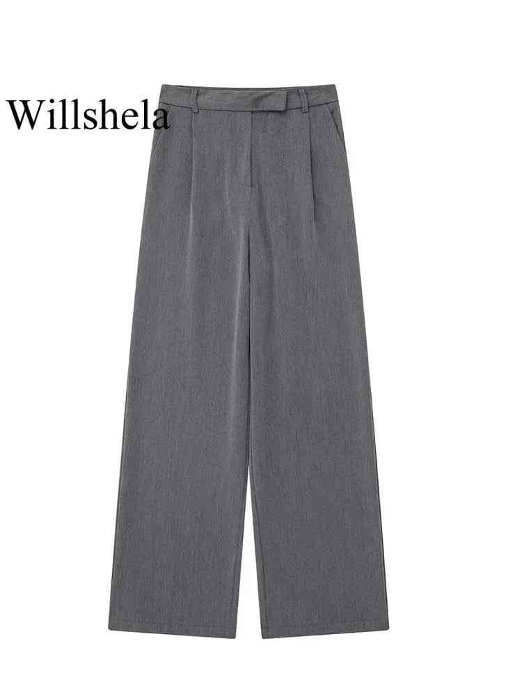 Willshela Women Fashion Solid Front Zipper Straight Pants Vintage High Waist Full Length Female Chic Lady Trousers - reetell