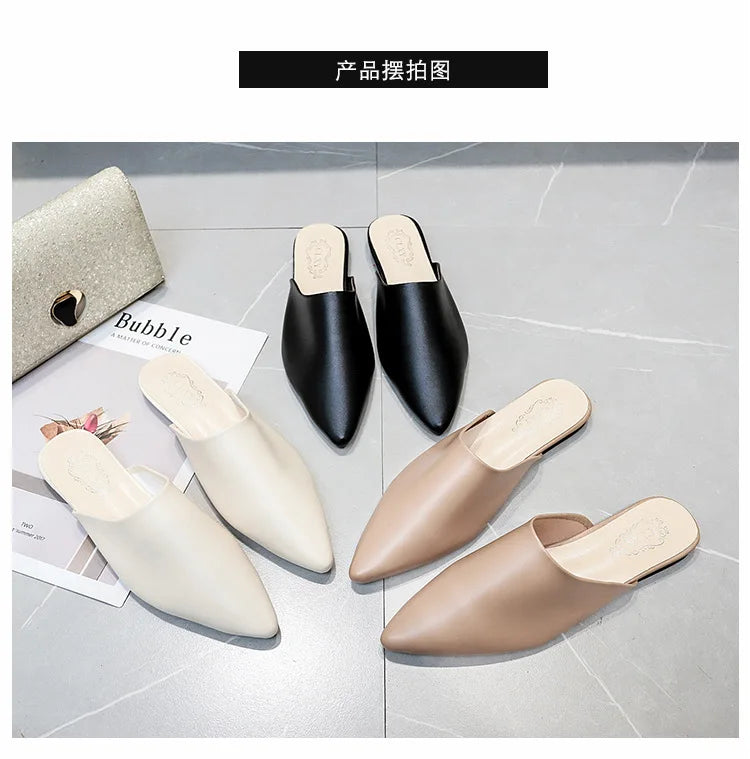 Women Spring Summer Slippers Mules Soft Leather Pointed Toe Slip On Sandalias Soild Mature Fashion Casual Low-heeled Shoes Mujer