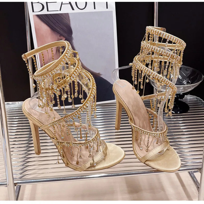 Runway style Bling Bling Crystal Tassels Snake Coiled Women Sandals Sexy Stiletto High heels Summer Fashion Party Prom Shoes - reetell