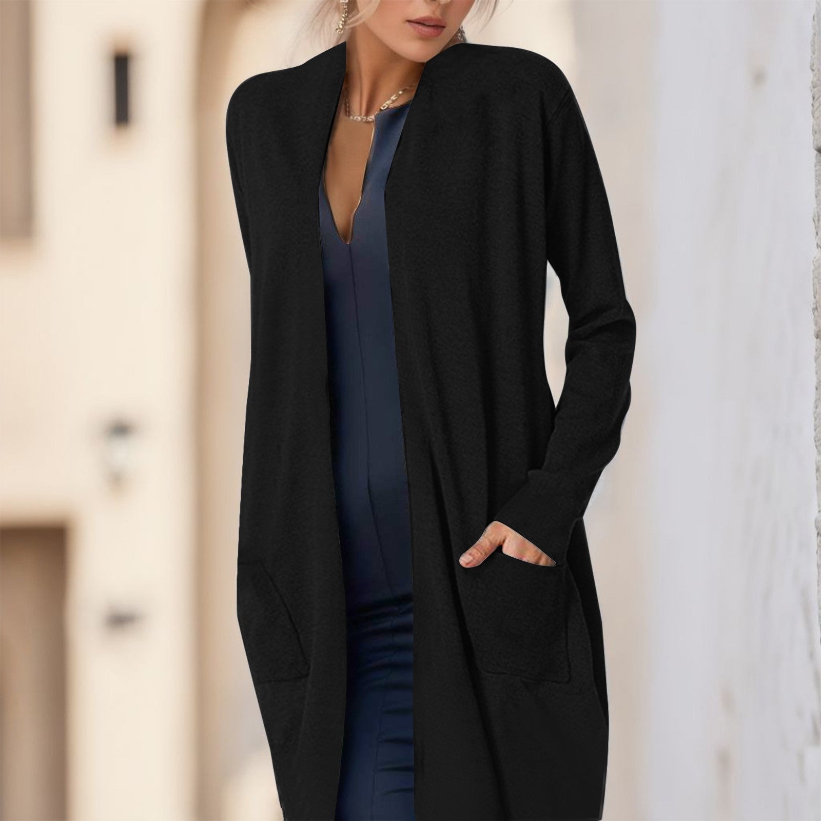 Women'S Fashion Casual Cardigan Long Sleeve Open Front Loose Mid Long Cardigan With Pockets Ladies Black Solid Color Sweather - reetell