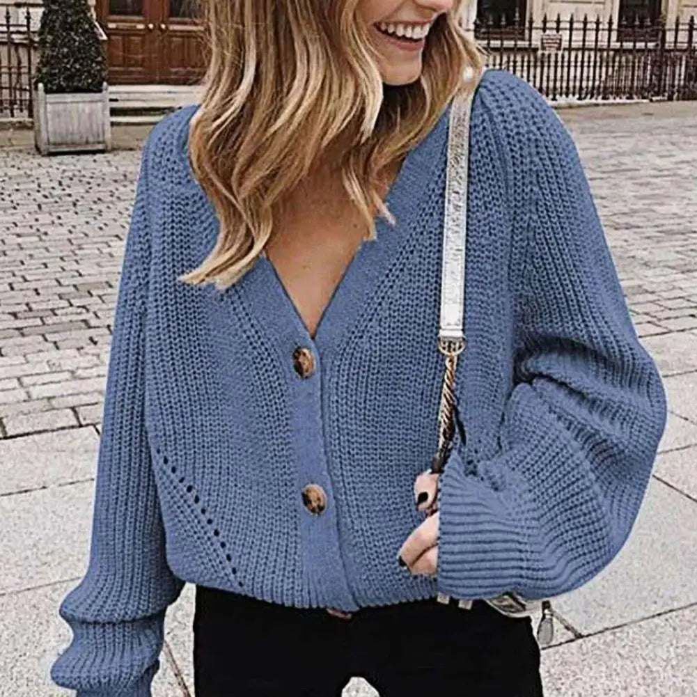 Knitted Cardigan Sweater Women Autumn Fashion Casual Long-sleeved Jacket V-neck Button Solid Color Top 2024 - reetell