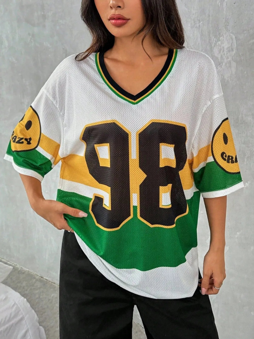 FLARORA Autumn Streetwear Classic Digital Jersey Woman Casual V Neck Half Sleeve Tops American Harajuku Baseball Tees 2024 New - reetell