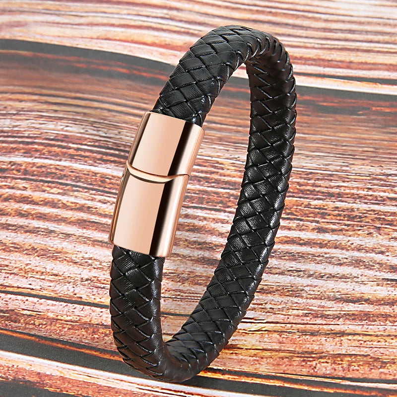 Mibrow Vintage Braided Genuine Leather Bracelet for Men Women Stainless Steel Magnetic Clasps Bracelets Punk Charm Men Jewelry