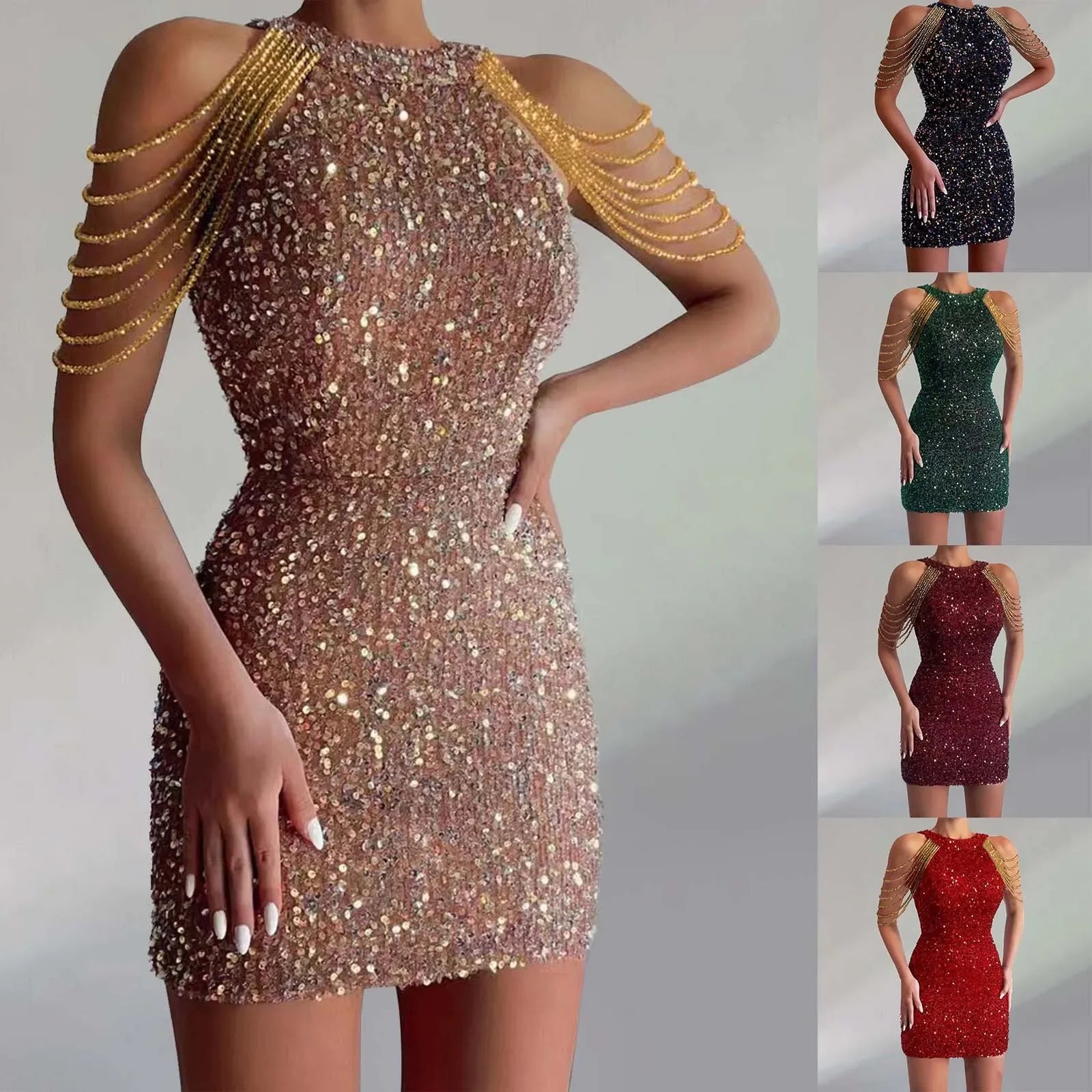 Spring Party Club Evening Short Dress Women Sexy Bodycon Tassel Mini Dress Hollow Out Off Shoulder Sleeveless Sequined Dresses - reetell