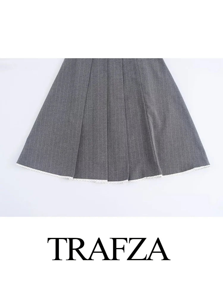 TRAFZA Women Winter High Waist Patchwork Splice Lace Decoration Wide Pleated Midi Skirt Female Zipper Pinstripe Skirts Mujer - reetell