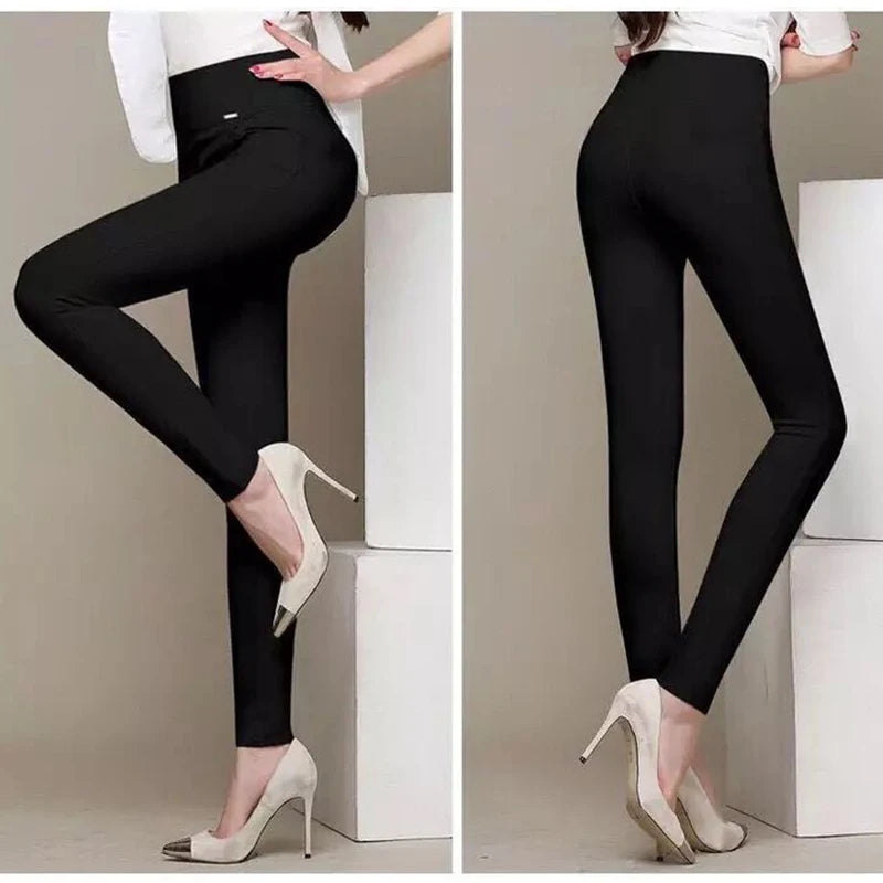 Spring New Korean Black High Waisted Elastic Leg Pencil Pants Women's Solid Pockets Versatile Fashion Casual Straight Trousers - reetell