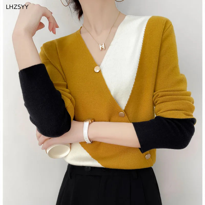 Women's Cashmere Sweater Spring Colorblock Sweater Women Casual Pullover Ladies Knitwear Fashion Sweater Female Thin Inner Top - reetell