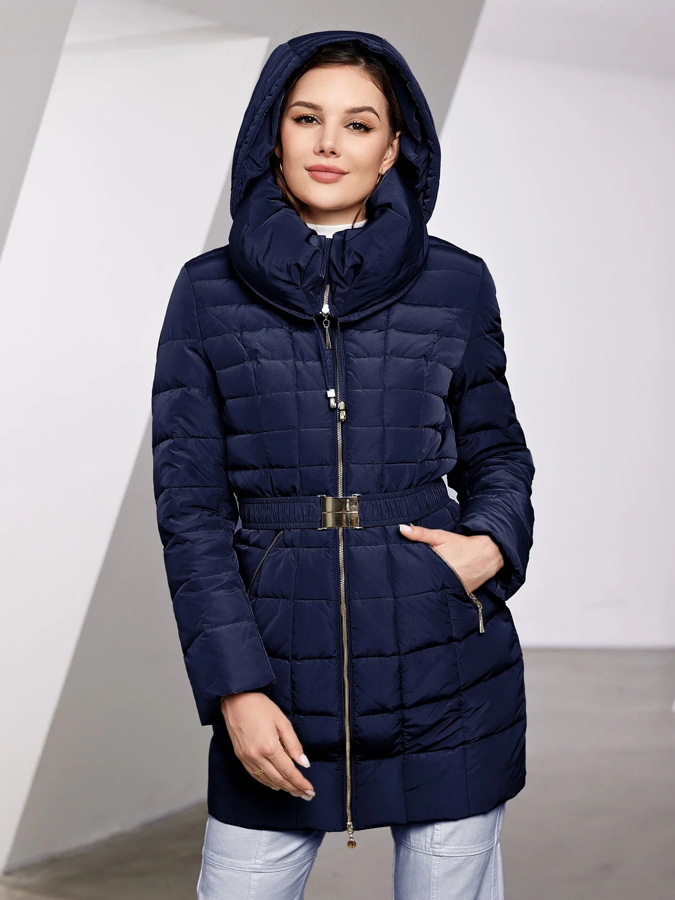 Astrid 2023 New Women's Winter Jacket Hooded Belt Long Parkas Warm Padding Puffer Plaid Quilted Coat Down Jacket Thick Snow Wear