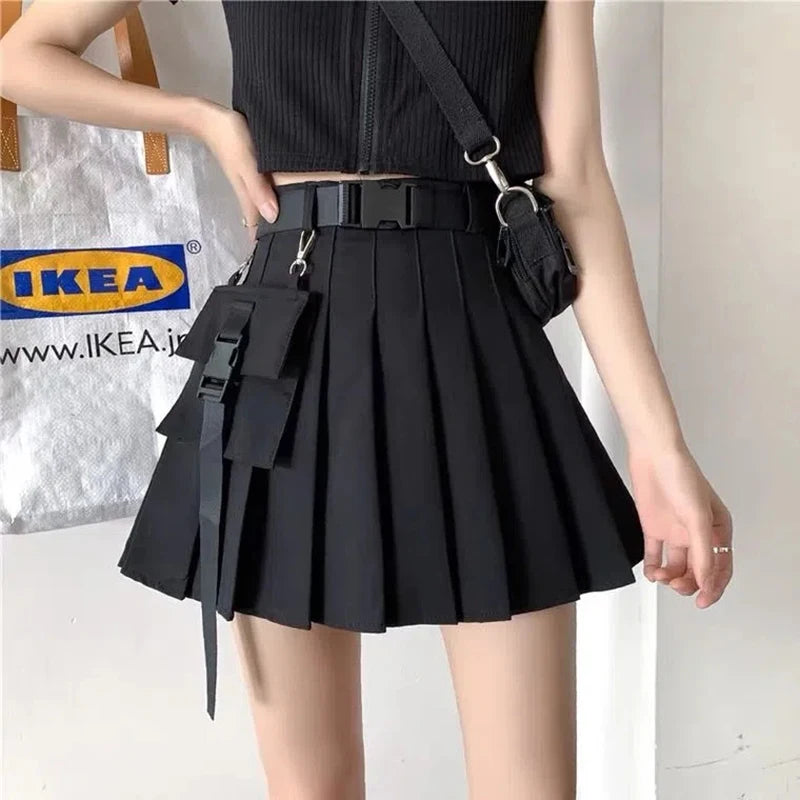 Zoki Harajuku Belt Pleated Cargo Skirt Women Fashion Gothic High Waist Pocket Mini Skirts Fashion Summer Lady A Line Black Skirt - reetell