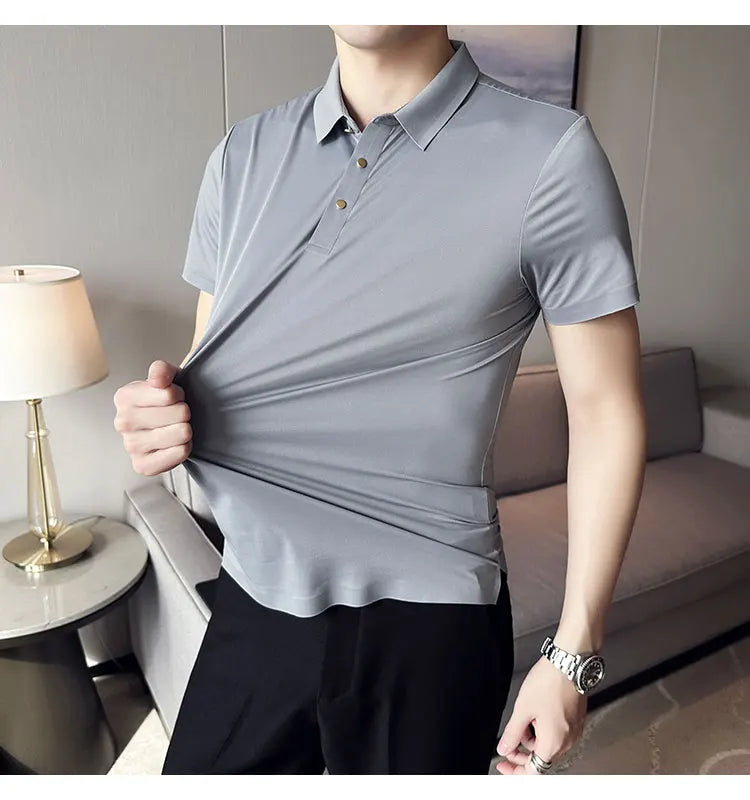 Ice Silk Traceless T-shirt Men's  Business Casual Solid Color Half Sleeve High Elasticity Top Silk Smooth Breathable POLO Shirt