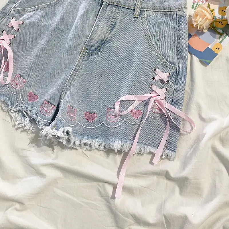 Japanese Denim Shorts Women 2024 New Bottoms Hig Waist Embroidery Bandage Pants Tunic Cute Shorts Pantalones Cortos De Mujer - reetell