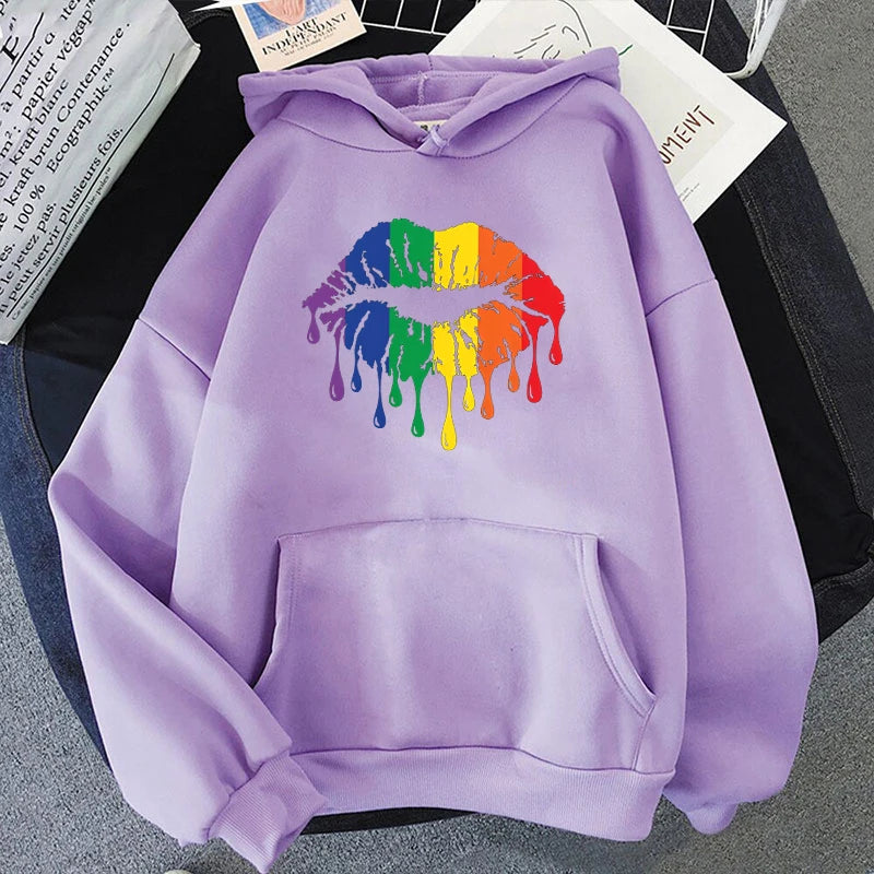 Women'S Winter Autumn Fashion Hooded Casual Long Sleeve Lgbt Pride Rainbow Lips Hoodies Sweatshirts Loose Pullover - reetell