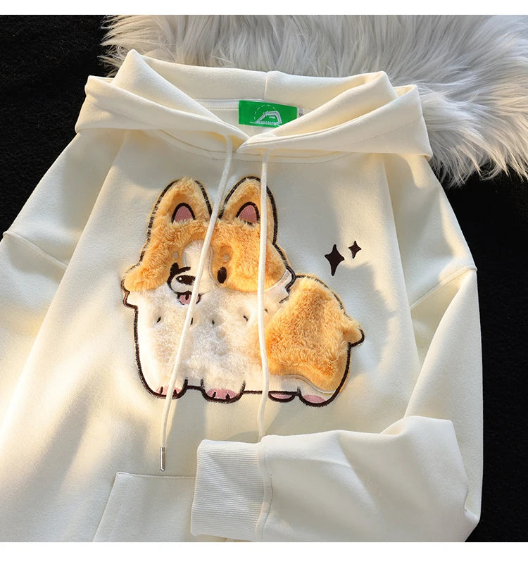 Embroidery Corgi Hooded Sweatshirt Ladies Loose and Sweet Hoodies Women Autumn Winter Casual Women's Long Sleeve Pullover Y2K - reetell