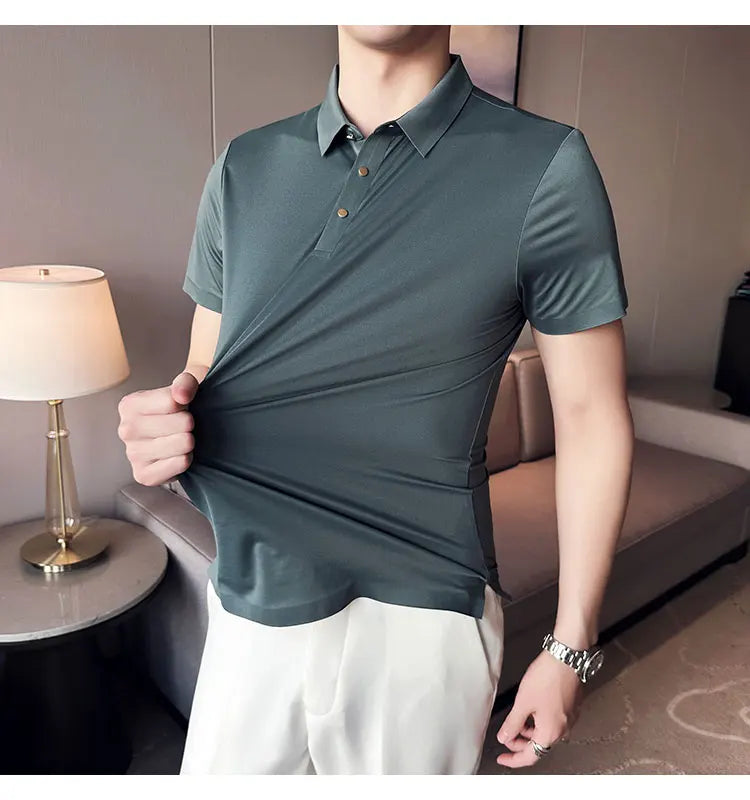 Ice Silk Traceless T-shirt Men's  Business Casual Solid Color Half Sleeve High Elasticity Top Silk Smooth Breathable POLO Shirt