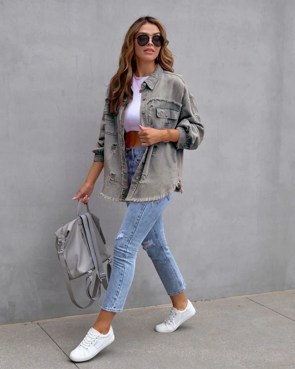 Women's Casual Lapel Mid-length Denim Jacket with Ripped Raw Edges