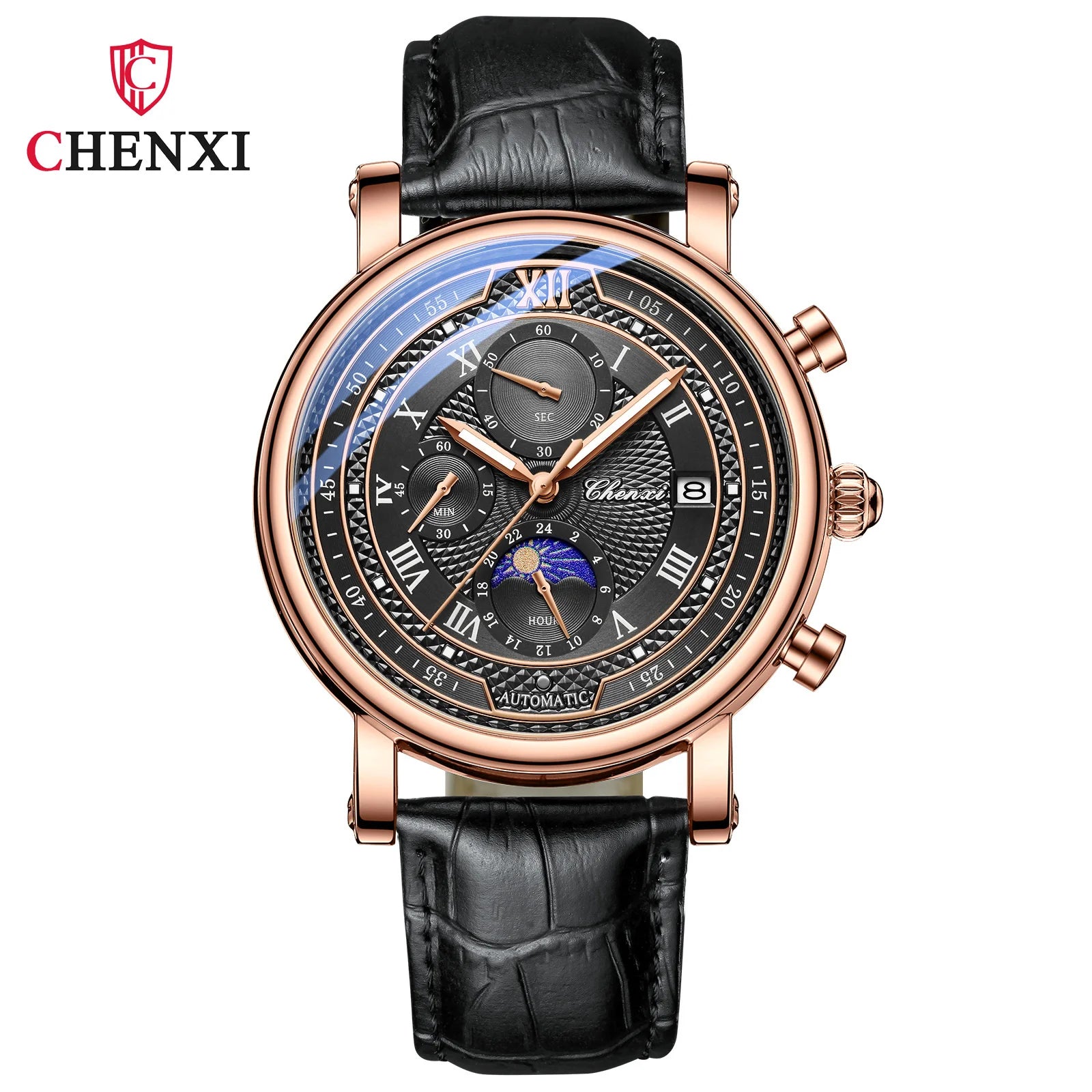 Chenxi 976 Leather Chronograph Date Men's Phase Of The Moon Timing Business Luminous Quartz Watch Relojes para hombres