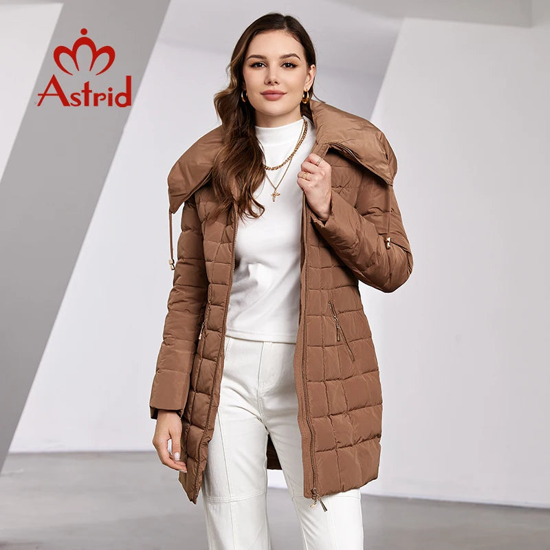 Astrid 2023 New Women's Winter Jacket Hooded Belt Long Parkas Warm Padding Puffer Plaid Quilted Coat Down Jacket Thick Snow Wear