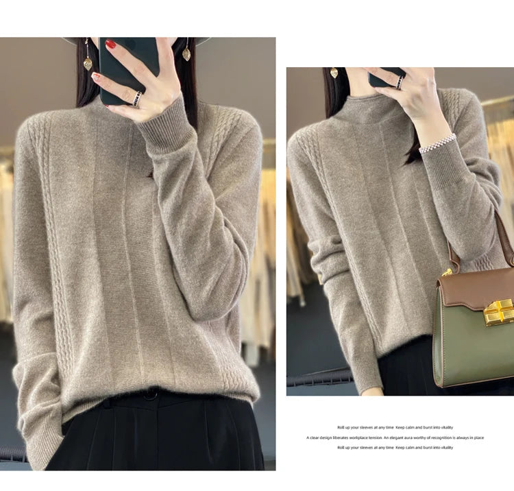 2024 Autumn Winter Women 100% Merino Wool Sweater Striped O-Neck Pullover Knitwear Casual Undershirt Cashmere Clothing Tops - reetell