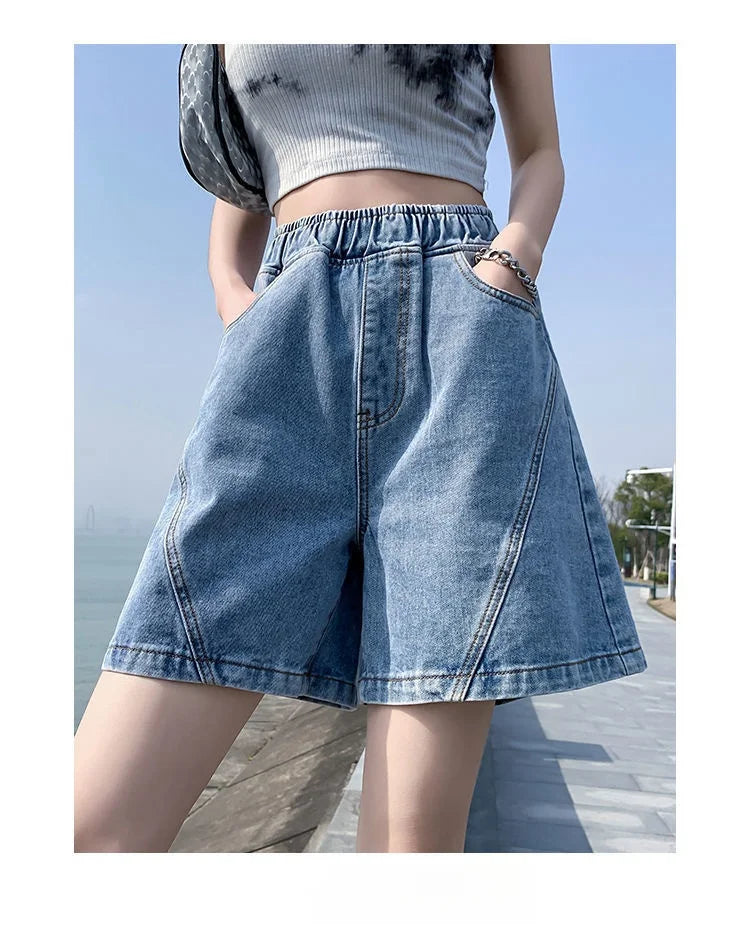 Big Size Denim Shorts Quarter Trousers A Wide Leg Loose High Waist Skinny Students Fattening Women Pocket Splicing Stripe - reetell