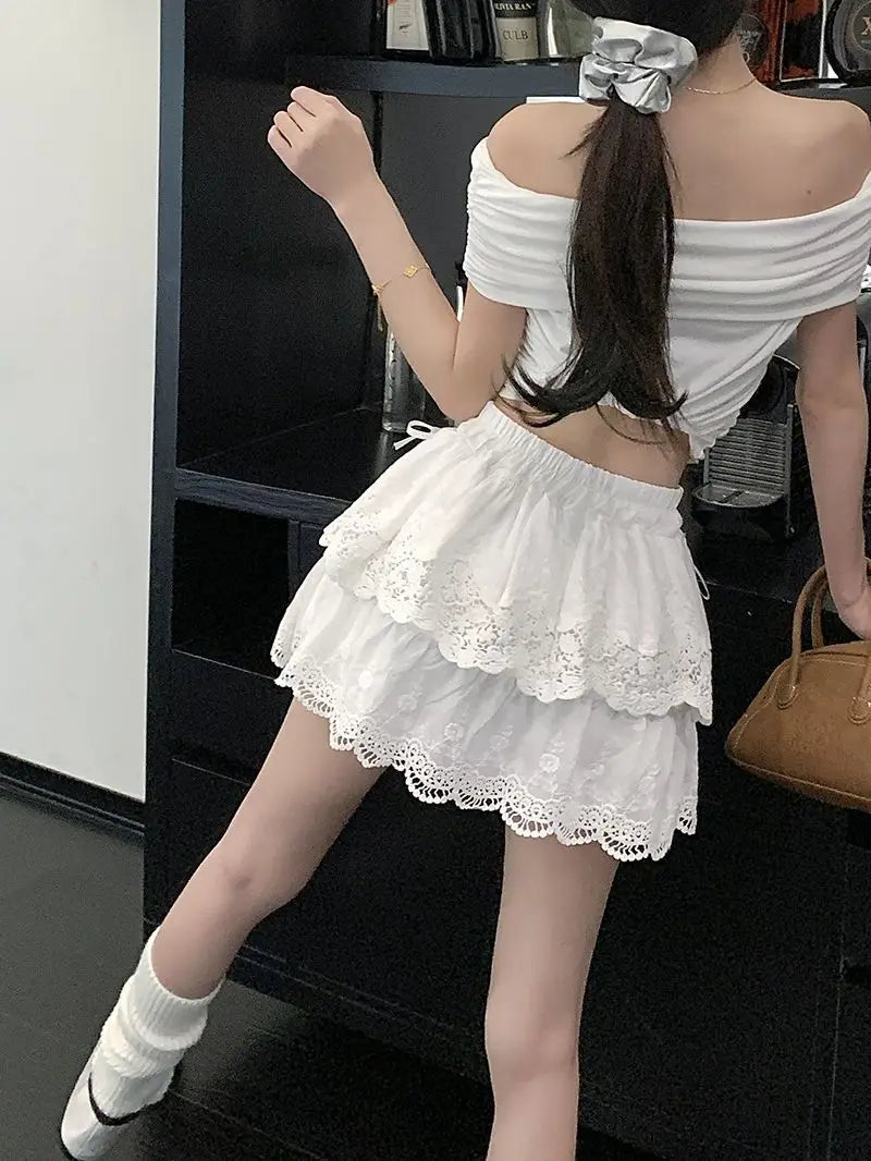 Deeptown Coquette White Lace Short Skirt Ruffle Women Sweet Bow Kawaii Mini Skirts Patchwork Layered A-line Aesthetics Skirt - reetell