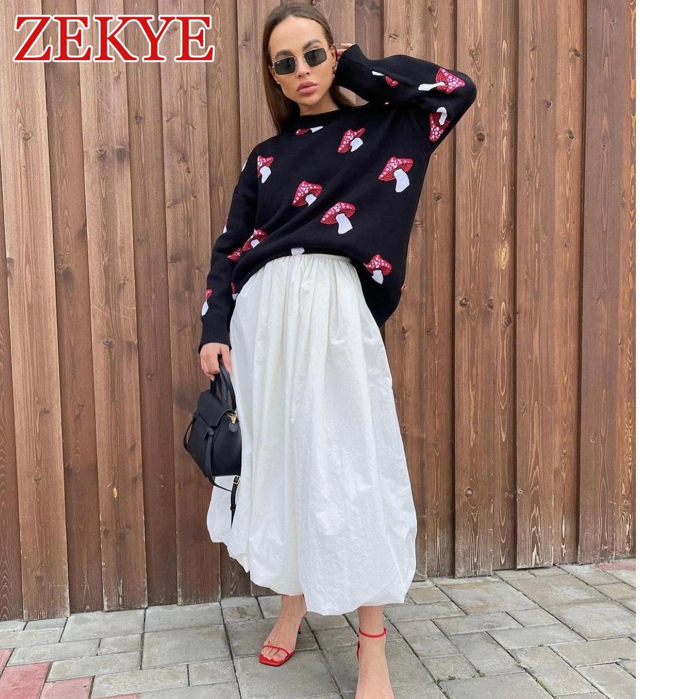 Zekye Mushroom Graphic Cute Black Sweaters Women Winter Loose Long Sleeve Knitwear Casual Basic Outwear Autumn Pullover Elegant - reetell