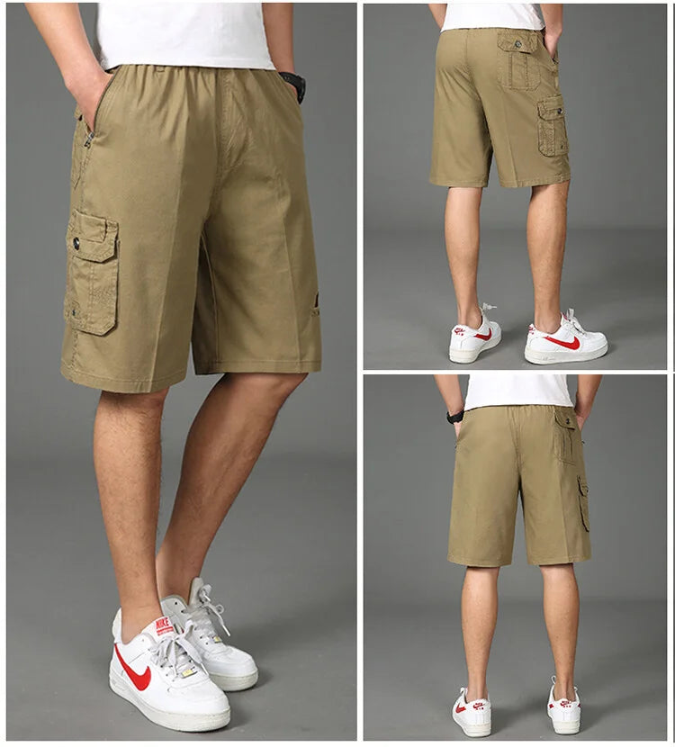 2024 Shorts Men Bermuda Cotton Pocket Zip Cargo Shorts Fashion Style Elastic Army Male Summer Casual Knee Length Vintage Yellow - reetell