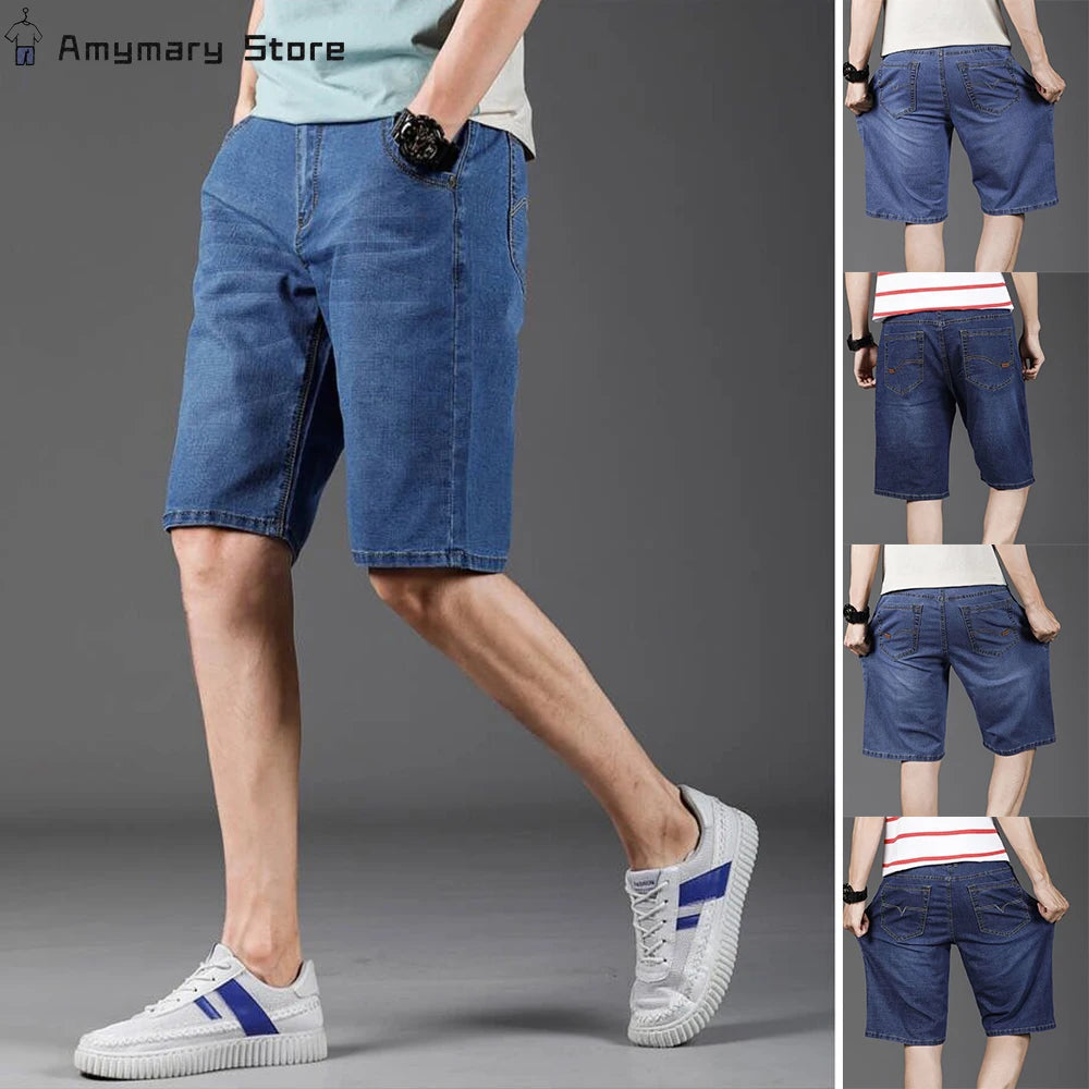 New Summer Men's Denim Shorts Fashion Solid Color Casual Loose Multi-pocket Straight Five-minute Pants Elastic Knee Shorts - reetell