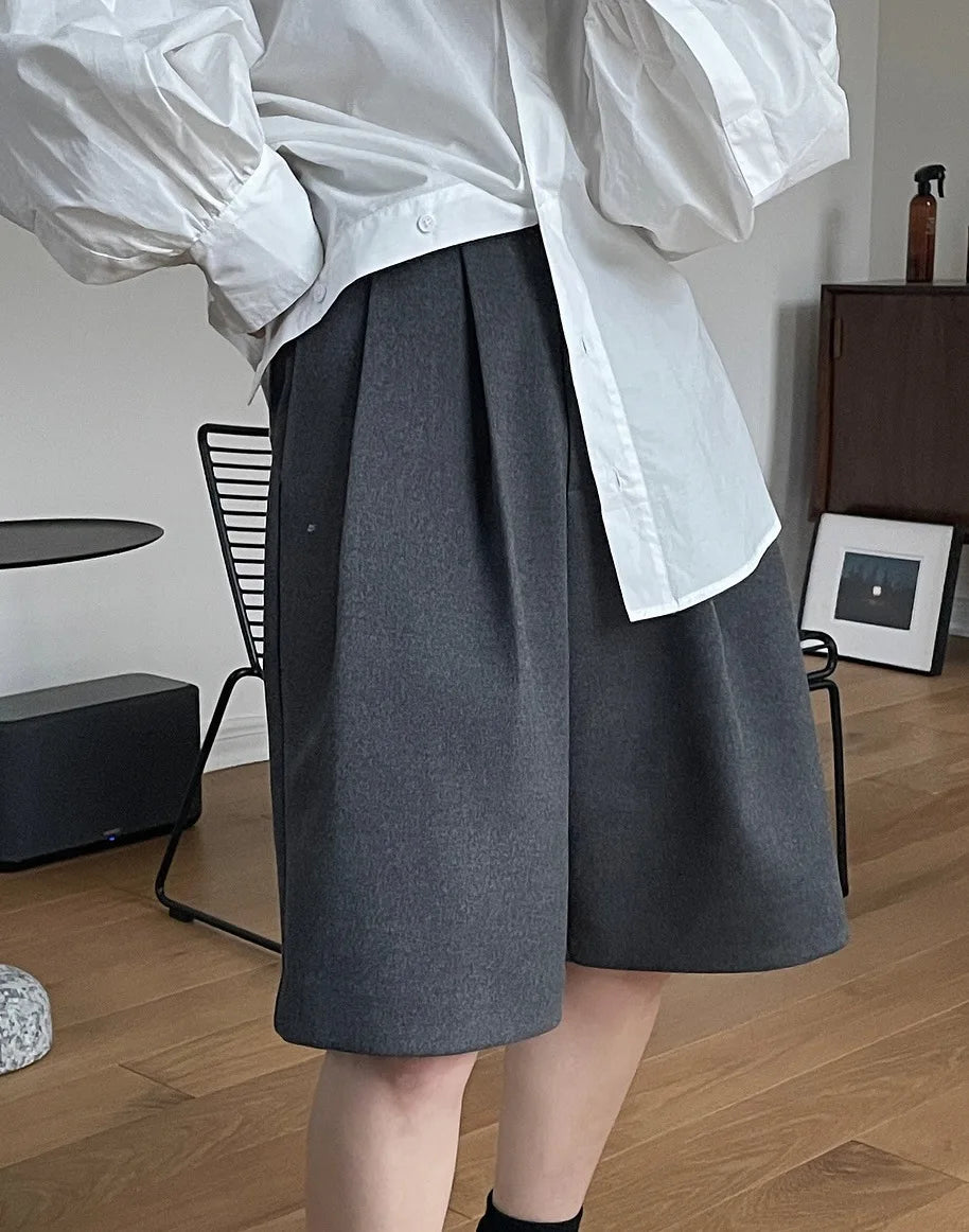 [LANMREM] Pleated Wool Shorts For Women High Waist Straight Office Lady Loose Clothing Korean Style 2024 Summer New 26D8692 - reetell