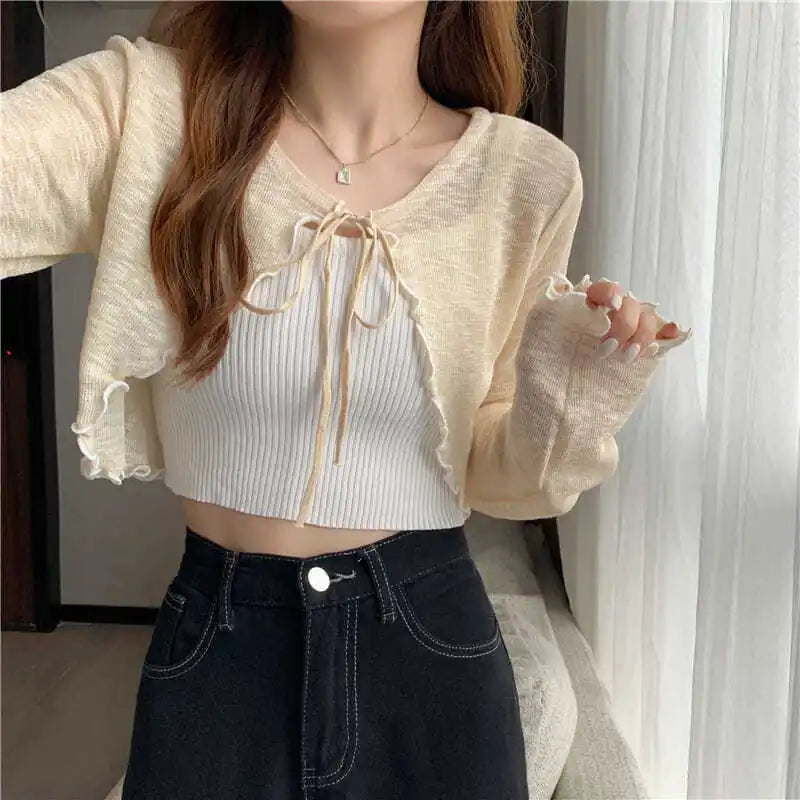 Summer Thin Outerwear Sun Protection Cardigan Ice Silk Knit Women Tops Bow Lace Up Short Suspender Skirt Shawl Airable Shirt - reetell