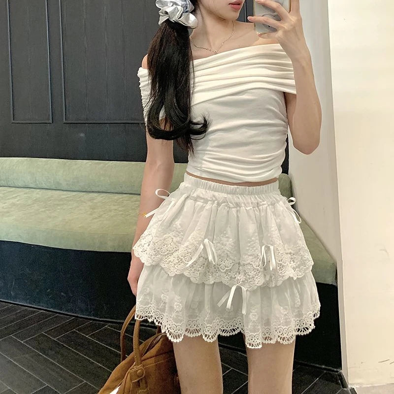 Deeptown Coquette White Lace Short Skirt Ruffle Women Sweet Bow Kawaii Mini Skirts Patchwork Layered A-line Aesthetics Skirt - reetell