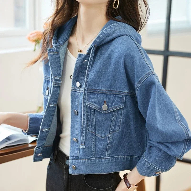 Crop Hooded Small Women's Denim Jackets Outerwears Female Jeans Coat Spring Autumn Plain Blue Short On Offer With Elegant Classy