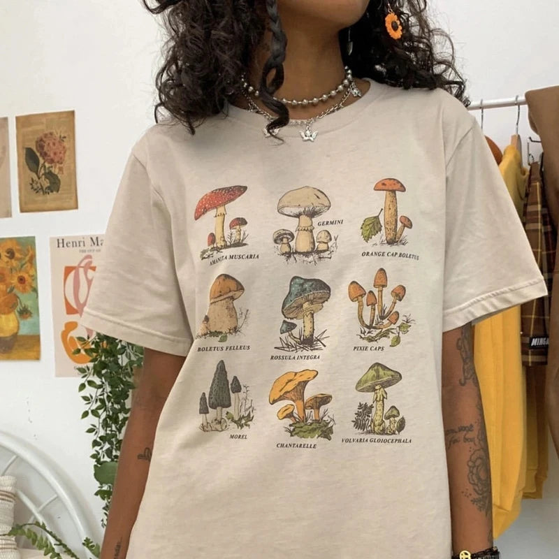 Vintage Fashion Mushroom Print Oversized T Shirt Egirl Grunge Aesthetic Streetwear Graphic Tees Women T-shirts Cute Tops Clothes - reetell