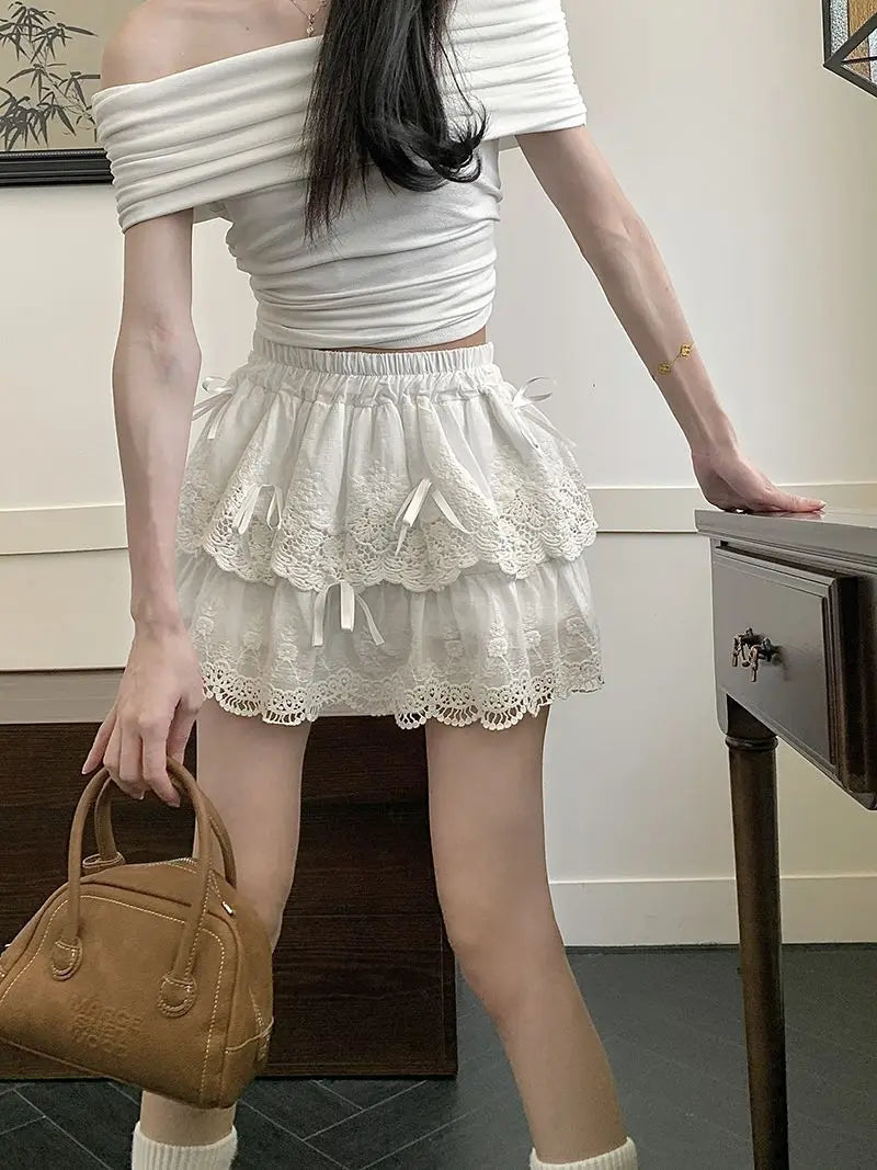 Deeptown Coquette White Lace Short Skirt Ruffle Women Sweet Bow Kawaii Mini Skirts Patchwork Layered A-line Aesthetics Skirt - reetell