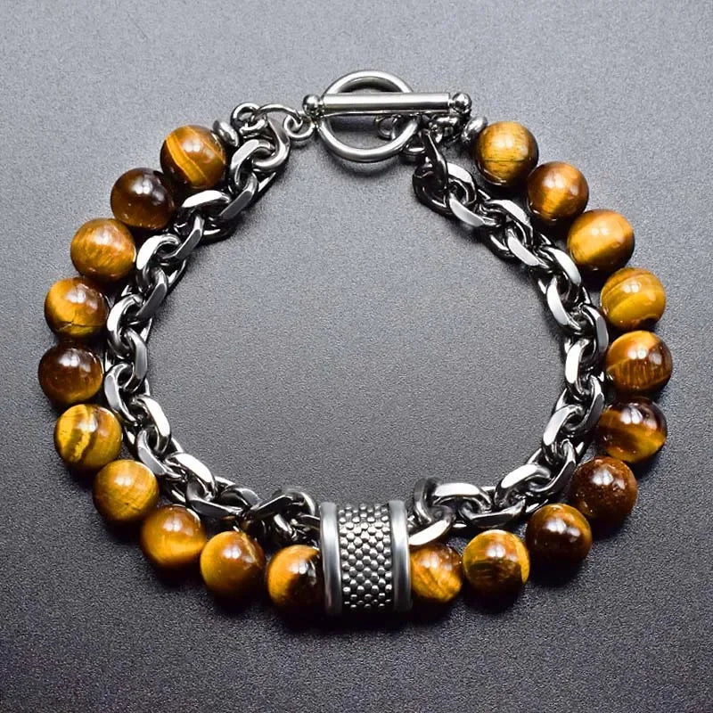 New 2020 Men's Tiger Eye Stone Beaded Bracelet Stainless Steel Gunmetal Link Chain Yoga Bracelet Male Jewelry Dropshipping