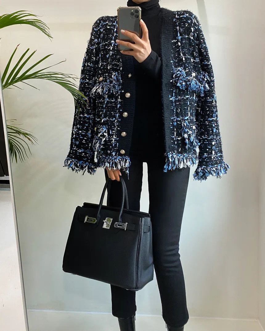 Korea Chic Autumn Winter V-Neck Tassel Wool Mixed Color Knitted Cardigan Coat Women's Loose Long Sleeve Sweater Knitwear 2023 - reetell