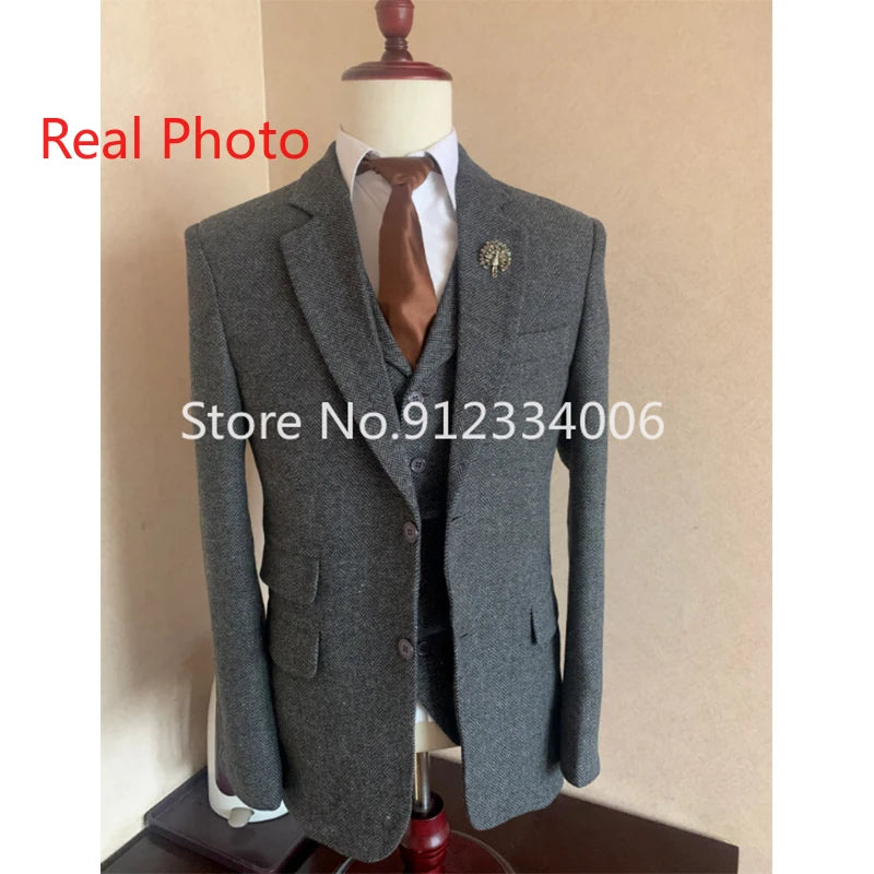 Gray Wool Tweed Winter Men Suit's For Wedding Formal Groom Tuxedo Herringbone Male Fashion 3 Piece Suit (Jacket + Vest + Pants) - reetell