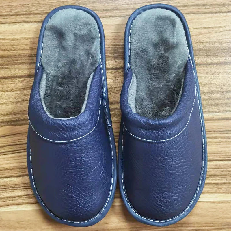 Autumn Winter Indoor Shoes 47 48 Men's Blue Bedroom Slippers Man Concise Slides Faux Fur Mules Leather Home Slipper Flip Fops